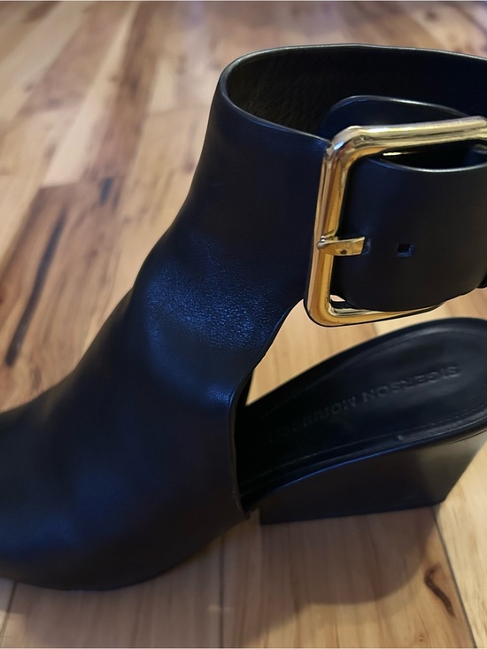 Sigerson Morrison Shoes - Sigerson Morrison Black Leather Open Toe Wedge w Ankle Wrap and Gold Buckle 9